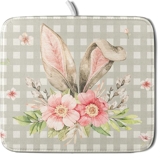 Spring Easter Dish Drying Mats for Kitchen Counter 16×18 Inch Cute Bunny Flowers Small Microfiber Drying Mat Kitchen Accessories Dish Rack Mat Drainer Pad Washable Absorbent
