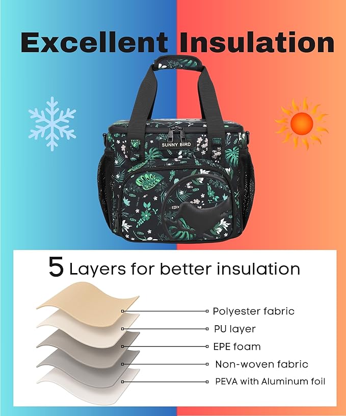 SUNNY BIRD 12L Large Insulated Lunch Bag, Leakproof and Foldable Lunch Cooler Box for Women Adult and Men, Fits 18 Cans (Floral & Foliage)
