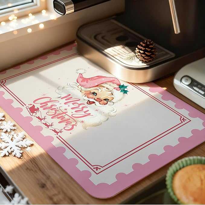 Pink Santa Christmas Dish Drying Mat, Preppy Merry Christmas Coffee Bar Mat for Countertops, Xmas Santa Reindeer Absorbent Dish Drying Mats for Kitchen Counter Coffee Maker, 16x24 Inch