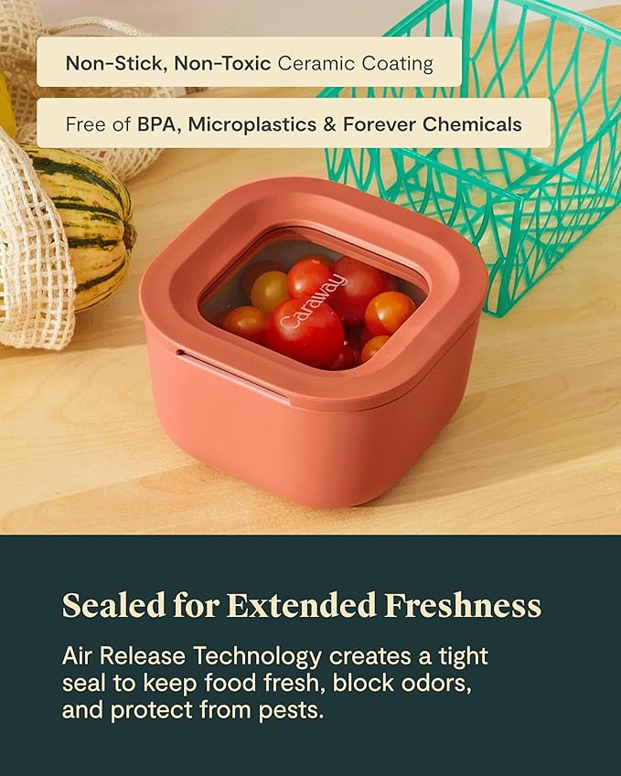 Caraway Mini Square Food Storage Container - 1.75 Cup Glass Storage Container for Food - Non-Toxic Ceramic-Coated Glass - Air Release Technology - Compact & Stackable Design - Cream