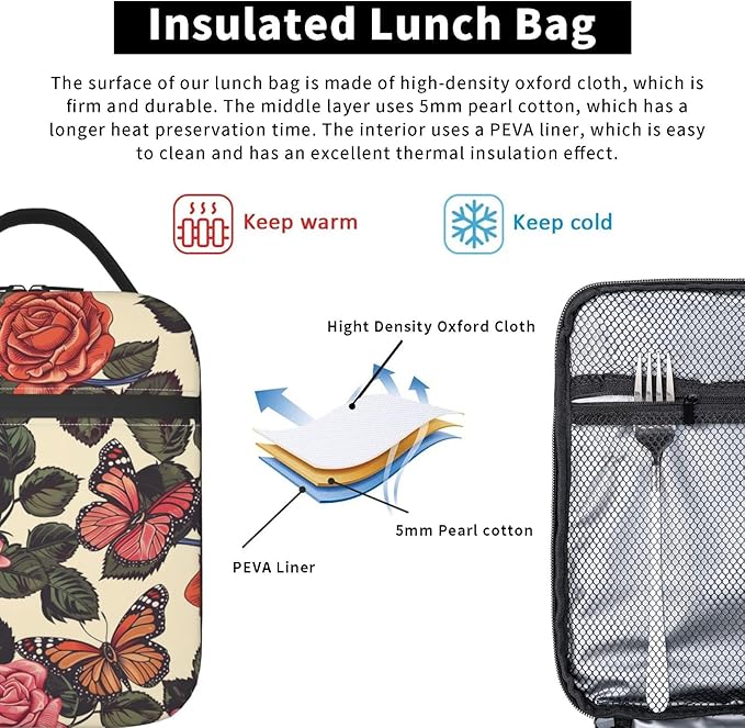 Butterfly Insulated Lunch Box for Women Men Butterfly Lunch Bag for Work,Picnic,Travel,Hiking,Beach Polyester