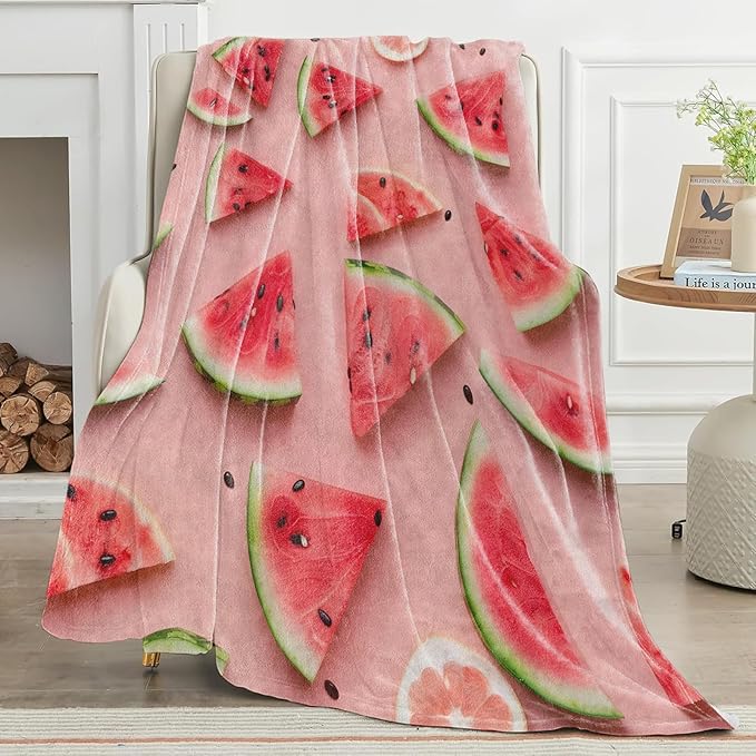 Watermelon Blanket Fresh Summer Fruit on Pink Background Throw Blankets Lightweight Flannel Throws for Camping Couch Chair Office Bed Home Decor Gifts for Adults,80x60inch