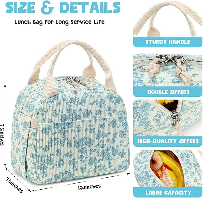 Bluboon Lunch Bag for Women Men Cute Corduroy Lunch Tote Bags Reusable Insulated Lunch Box Large Capacity Reusable Insulated Cooler for Work Picnic or Travel