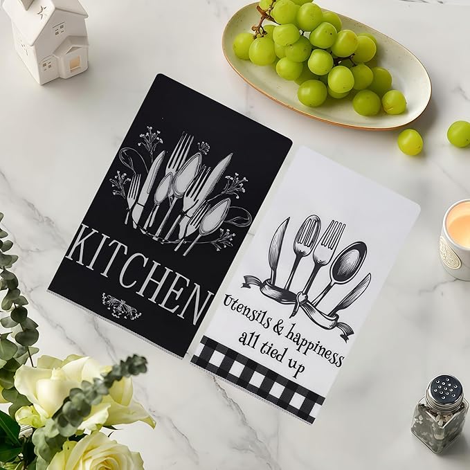 Black & White Grid Kitchen Towels Set of 2-18x26 Inch, Ultra Absorbent Microfiber, Farmhouse Decor, Fast Drying for Home & Restaurant Use