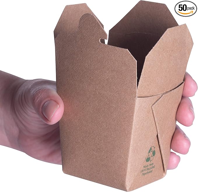 100% Recyclable 8oz Brown Chinese Take Out Boxes 50pk. Leakproof Greaseproof To Go Containers For Restaurants Event Parties Food Service. Best Value Bulk Pack Microwaveable and Stackable Meal Pails.