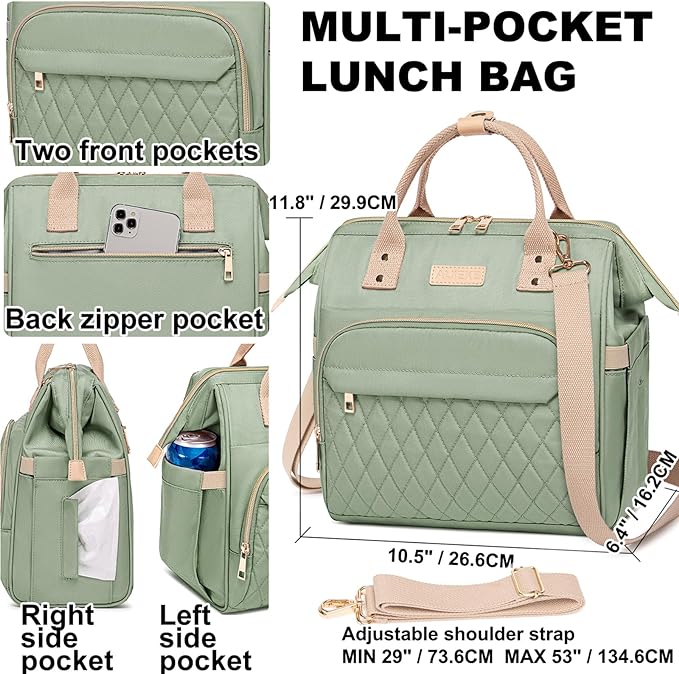 AIJIEKE Lunch Bag for Women, Large Lunch Box for Work Insulated Lunch Bag, Adult Leak Proof Lunch Tote Cooler Bag with Side Pockets & Adjustable Strap, Lunch Purse for Picnic Beach, Green