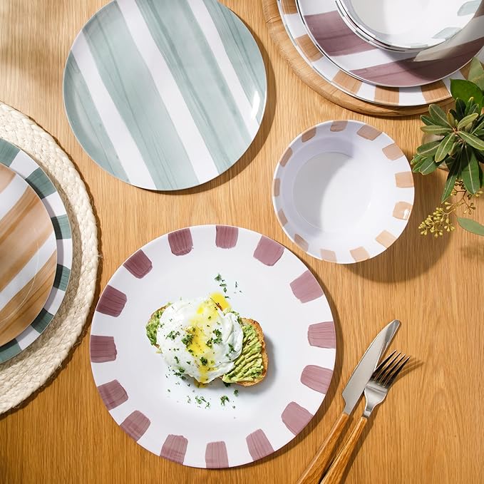 Gibson Home Cottage Stripes 12 Piece Unbreakable Melamine Plates and Bowls Dinnerware Set - Outdoor, Camping, & Everyday Use - Assorted Colors