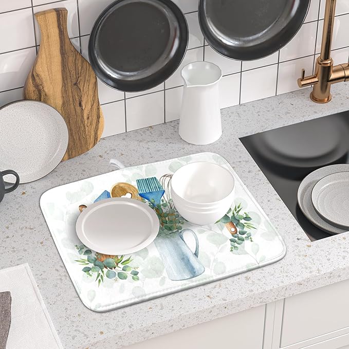 Sage Green Dish Drying Mat for Kitchen Counter, Cooking Supplies Reversible Dish Drainer Rack Pad Fast Dry Kitchen Accessories 16x18 Inch