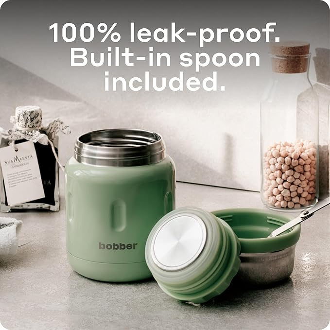BOBBER 16 oz Insulated Stainless Steel Thermos for Hot Food, Extra-Wide Mouth Soup Container with Spoon and Bowl - Keeps Rice and Pasta Hot for 10 Hours and Salads Cold for 15 Hours (Green)