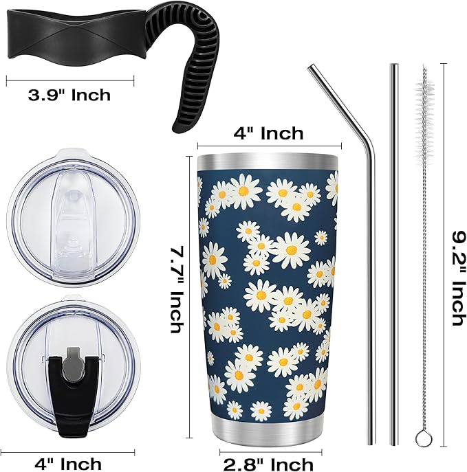 WETOWETO 20oz Tumbler with 2 lids and 2 straws, Stainless Steel Vacuum Insulated Water Coffee Tumbler Cup with Handle, Double Wall Powder Coated Spill-Proof Travel Mug (Daisy Flower, 1 Pack)
