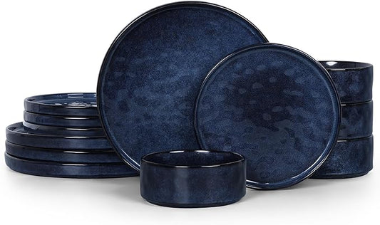LIANYU 12 Piece Dinnerware Sets for 4, Stoneware Dish Dinner Set, Kitchen Dining Plates and Bowls, Ceramic Tableware Dishware, Microwave & Dishwasher Safe, Cetacean Blue