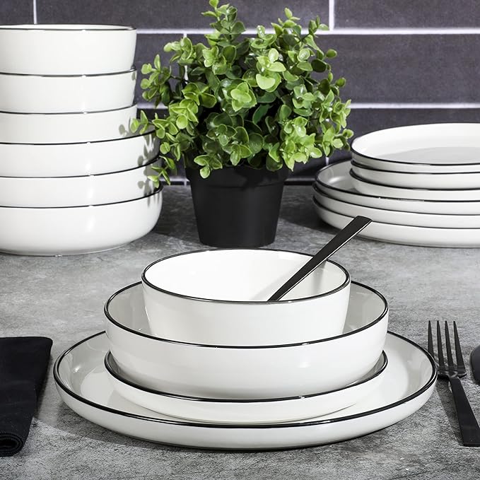 Gibson Home Oslo 16 Piece Porcelain Dinnerware Set,White w/Black Rim Rim, Service for 4 (16pcs)