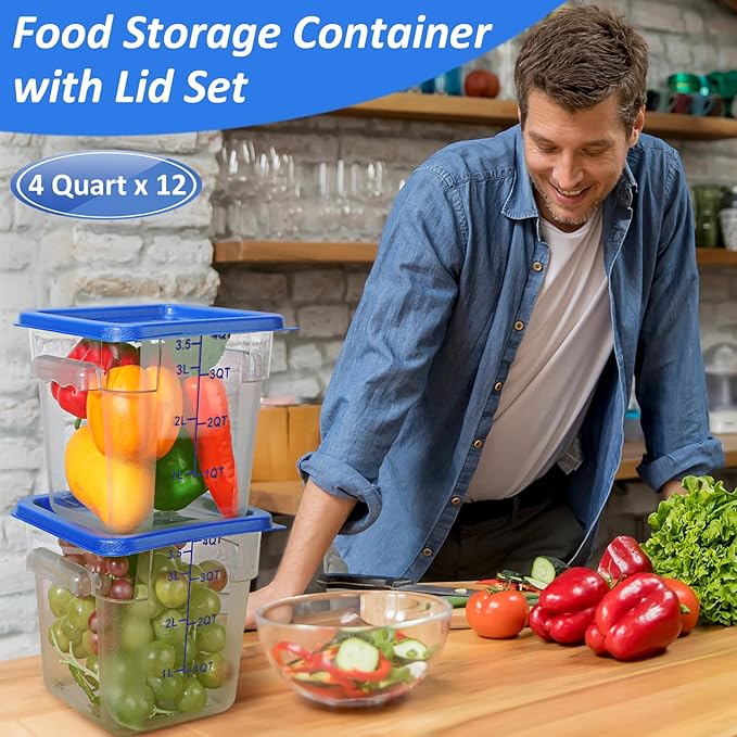 Yungyan 12 Pcs 4 Qt Commercial Food Storage Containers with Lids Restaurant Square Airtight Food Storage Containers Clear Cereal Containers for Kitchen Freezer Dishwasher Pantry(Blue Lid)