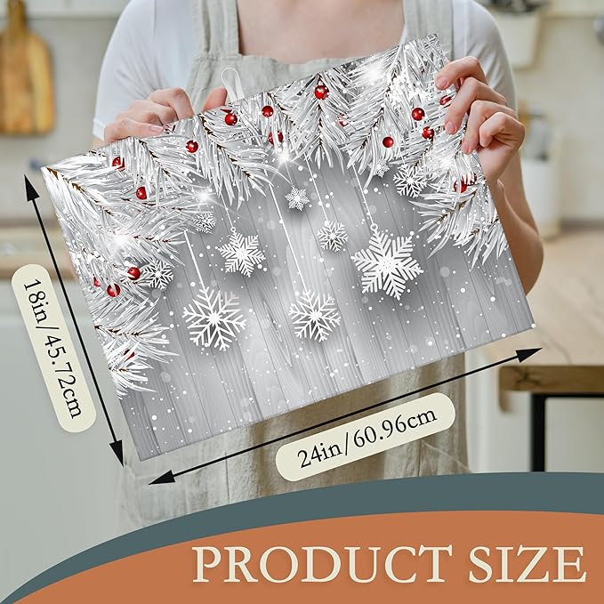 Snowflakes Dish Drying Rack Mats Decor,Christmas Silver Tree Branch Dish Pad Drying Mat Kitchen Counter 18x24 Inch Absorbent Reversible Microfiber for Coffee Bar Sink Countertop
