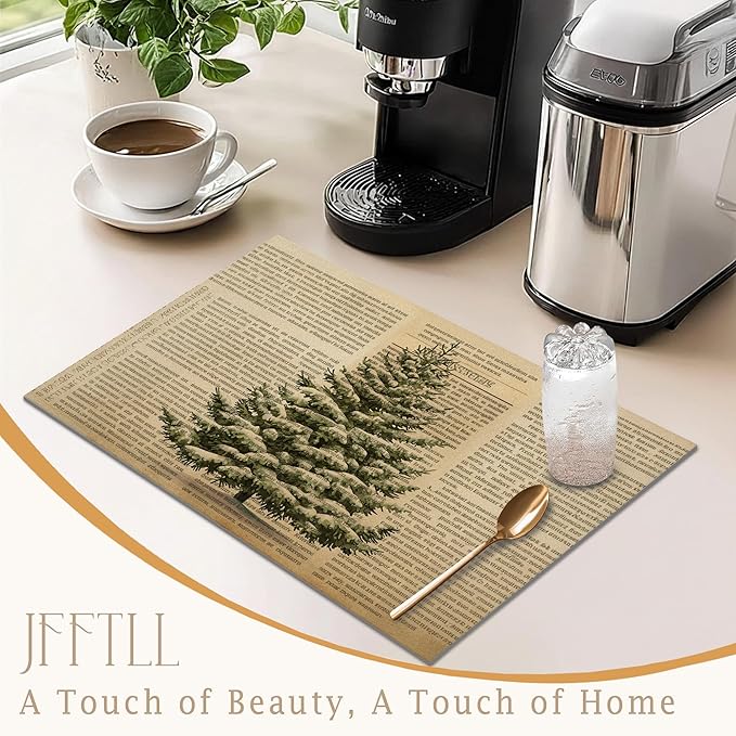 Vintage Christmas Tree Dish Drying Mat, Retro Spruce Xmas Tree Newspaper Absorbent Dish Drainer Reusable Washable Drying Mat Pad for Kitchen Counter, Rustic Christmas Decor, 12×15 Inch