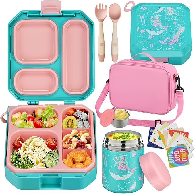 Bento Lunch Box for Kids with 12oz Soup Thermo Leak-Proof Lunch Food Container with 5 Compartment Thermo Hot Food Jar and Insulated Lunch Bag for Kid Toddler Girls Boys to School