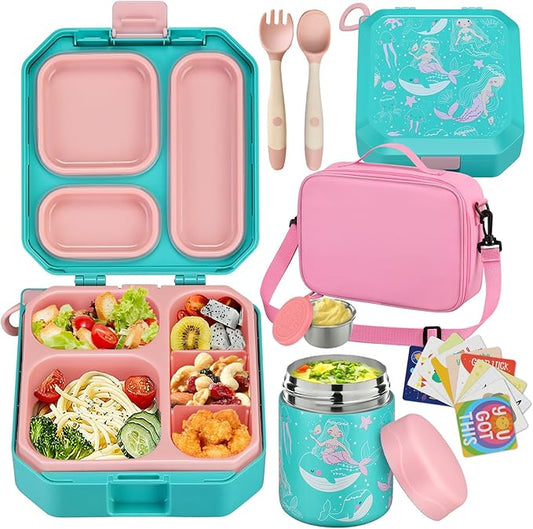Bento Lunch Box for Kids with 12oz Soup Thermo Leak-Proof Lunch Food Container with 5 Compartment Thermo Hot Food Jar and Insulated Lunch Bag for Kid Toddler Girls Boys to School