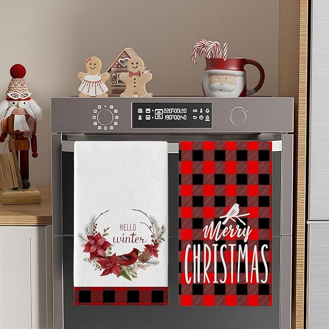 Christmas Kitchen Towels 2-Pack 18x26 Inch - Festive Red Black Plaid Dish Cloths, Absorbent Xmas Tea Towels for Holiday Decor & Gifts