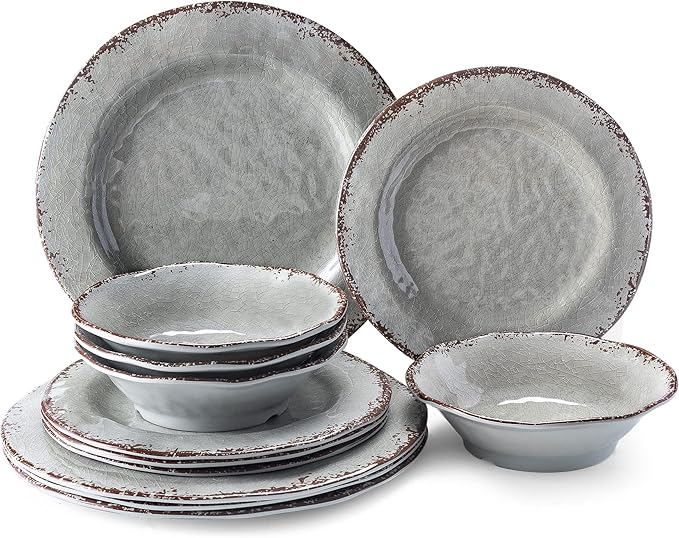 LEHAHA Farmhouse Melamine Dishes Dinnerware Set, 12 Piece Rustic Plates and Bowls Great for Picnic, Camping, Service for 4, Reusable and Dishwasher Safe, Indoor and Outdoor Use