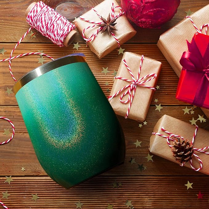 MEWAY 12oz/12 Pack Wine Tumbler Glasses with Lid - Stemless Double Wall Vacuum Stainless Steel Glitter Tumbler - Keeping Cold & Hot Cup for Coffee,for Women(Gradient Blue,Set of 12)