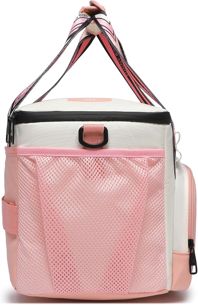 SUNNY BIRD 12L Large Insulated Lunch Bag, Leakproof and Foldable Lunch Cooler Box for Women Adult and Men, Fits 18 Cans (White and pink)