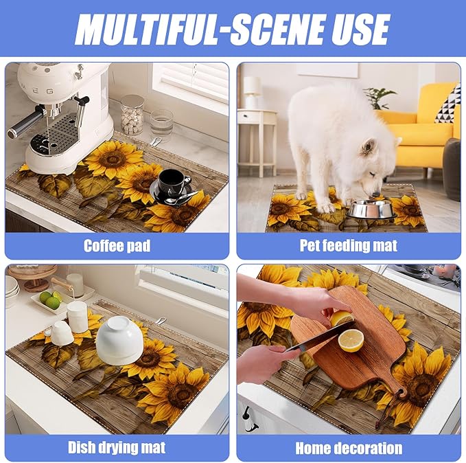 Vintage Sunflower Wooden Grain Dish Drying Mat for Kitchen Counter Drying Pad Absorbent Reversible Dish Drainer Rack Mats Draining Pad 18"x24"Inch