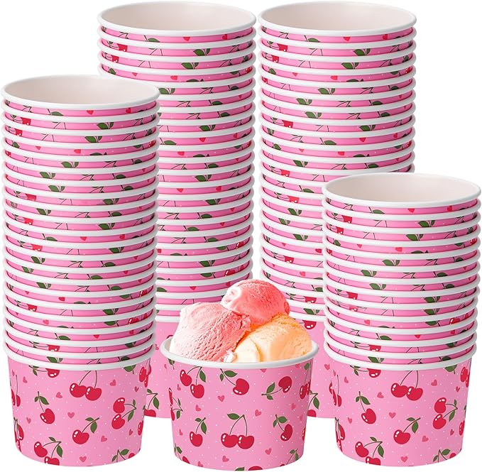 50 Pack Cherry Treat Snack Cups Red Cherry Heart Ice Cream Paper Cups 9 oz Fruit Disposable Dessert Bowls for Hot or Cold Food Summer Sweet First Birthday Baby Shower Party Supplies