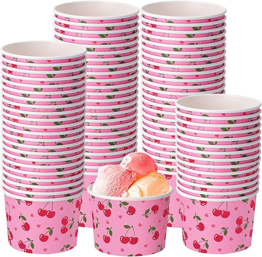50 Pack Cherry Treat Snack Cups Red Cherry Heart Ice Cream Paper Cups 9 oz Fruit Disposable Dessert Bowls for Hot or Cold Food Summer Sweet First Birthday Baby Shower Party Supplies