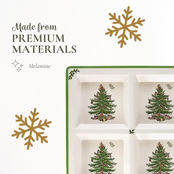 Spode Christmas Tree Melamine 4-Section Tray, 13.5-Inch Divided Holiday Serveware for Nuts, Candy, Condiments - Festive Tableware - Durable Holiday Entertaining Accessory for Indoor & Outdoor Use