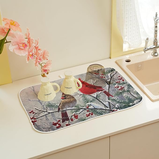 Christmas Dish Drying Mats 18x24 Inch Snow Red Bird Drying Mats Xmas Farmhouse Winter Holiday Kitchen Decor Absorbent Drying Pad Rack Drainer Mats for Kitchen Dining Room Counter