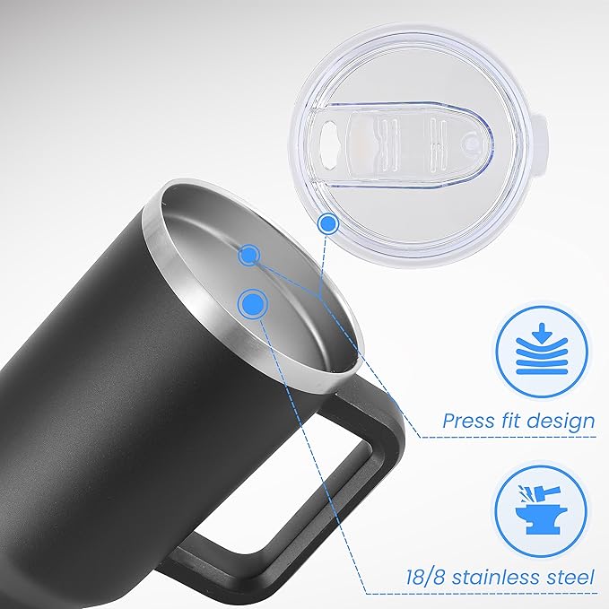 DOMICARE 40 oz Tumbler with Handle and Straw, Stainless Steel Tumbler with Lid and Straw, Reusable Vacuum Insulated Cup, Travel Coffee Mug, Black, 4Pack