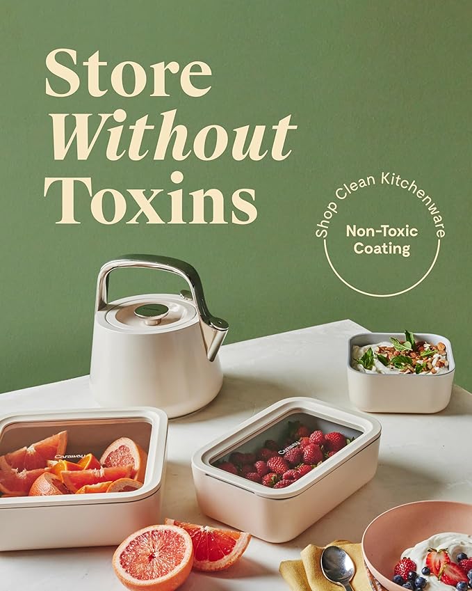 Caraway 3pc Glass Food Storage Set - 10, 6.6, & 4.4 Cup Containers - Ceramic Coated - Non-Toxic Non-Stick Lunch Box With Glass Lids - Dishwasher, Oven, & Microwave Safe - Gray