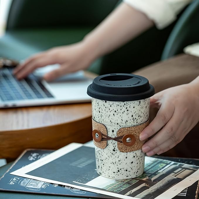 Ceramic Coffee Mug, Travel Coffee Tumbler, To Go Coffee Mug, Large Tea Cup with Lid, Latte Mugs, Camping Mugs, Microwave & Dishwasher Safe, Gifts for Coffee Lovers, 16.5 oz