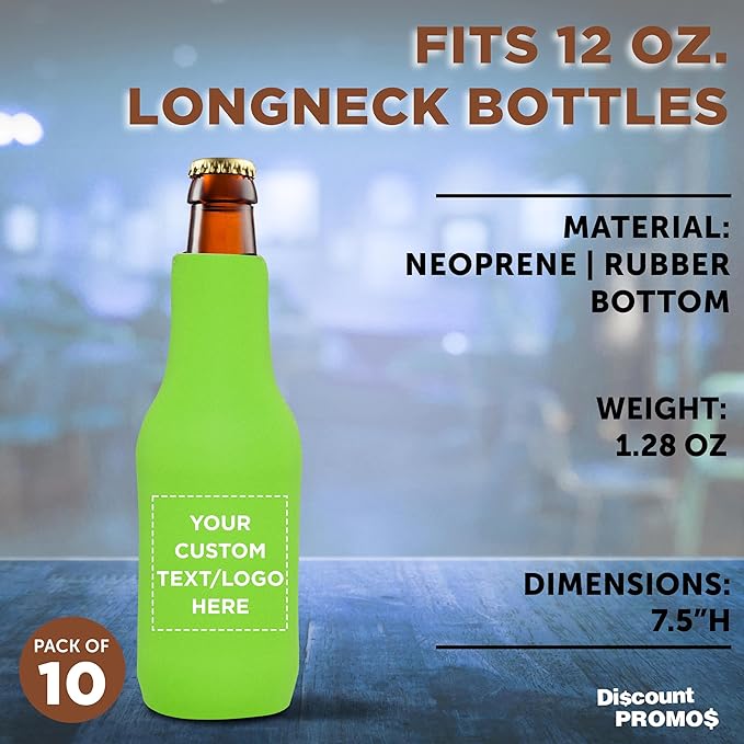 10 Neoprene Zippered Beer Bottle Coolies Pack - Customizable Text, Logo - Sharkskin Rubber Bottom - Lime Green