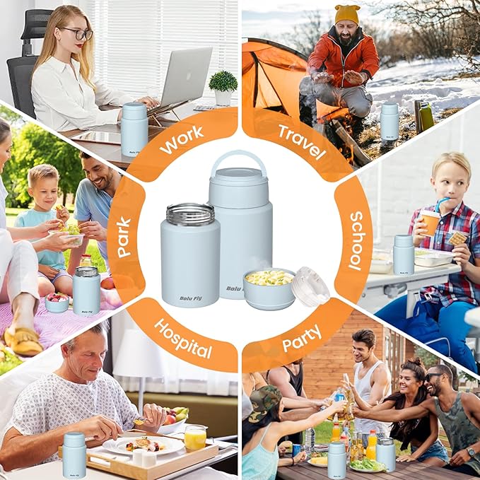 2 Pack Soup Thermo for Hot Food for Adults, Insulated Food Jar, Stainless Steel Vacuum Thermal Lunch Box Containers with Carry Bag and Spoon (18.5oz, 27oz) (Blue)