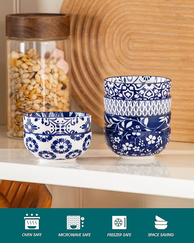 vancasso SELENE Ceramic 2.7 Oz Mini Dipping Bowls Set of 6, 3 Inch Small Dip Bowls for Sauce, Soy Sauce, Sushi, Condiments & Side Dishes, Microwave & Dishwasher Safe, Vintage Blue