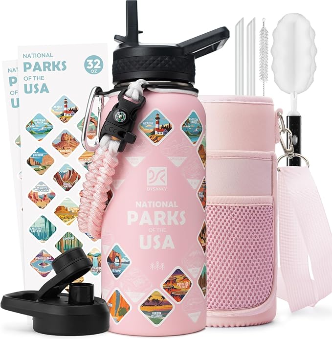 32 oz Insulated Water Bottle | Thickened Stainless Steel Vacuum Metal | Portable Sports Water Jug for Gym and Hiking with Straw, Carrier Bag, Handle Strap | BPA-Free 32 oz