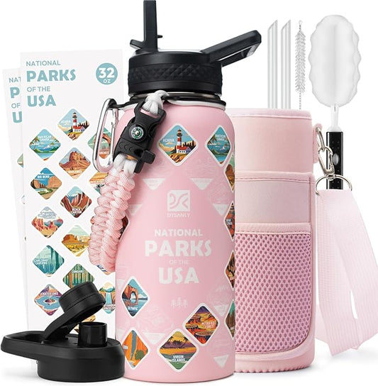 32 oz Insulated Water Bottle | Thickened Stainless Steel Vacuum Metal | Portable Sports Water Jug for Gym and Hiking with Straw, Carrier Bag, Handle Strap | BPA-Free 32 oz