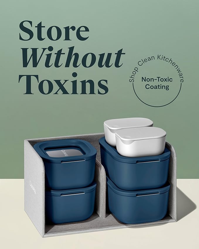 Caraway Mini Food Storage 11pc Set - Glass Storage Containers for Food - Non-Toxic Ceramic-Coated Glass - Air Release Technology - Compact & Stackable Design - Navy