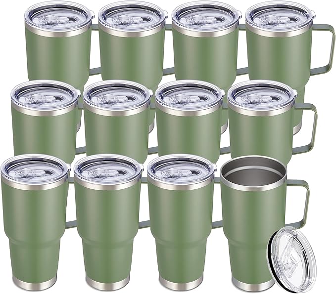 30 oz Tumbler with Handle and Lid, Stainless Steel Tumblers Bulk Double Wall Vacuum Insulated Travel Mug Leak Proof Cup Keep Drinks Cold and Hot Army Green, 12 Pack