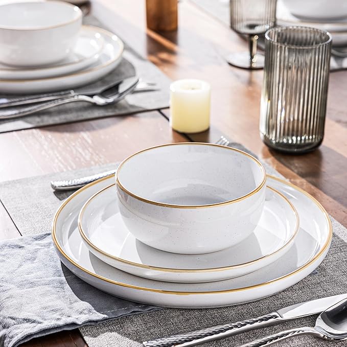 AmorArc Dinnerware Set, 12 Pieces Ceramic Plates and Bowls Set, Stoneware Plates Sets Handpainted, Dishwasher & Microwave Safe Dishes (Speckled White, Service for 4)