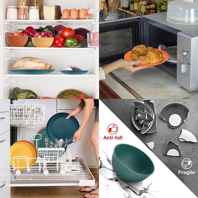 Wheat Straw Dinnerware Sets, Unbreakable Plates and Bowls Sets for 8, Reusable Plastic Plates and Bowls, 32Pcs Dishwasher Microwave Safe Plastic Dishes, Kitchen RV Camping Outdoor