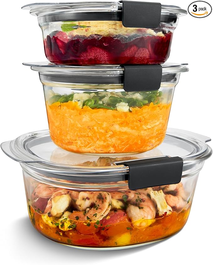 Rubbermaid Brilliance® Glass Round Leak-Proof 6-Piece Set Food Storage Containers, Food Containers with Lids, Meal Prep Containers