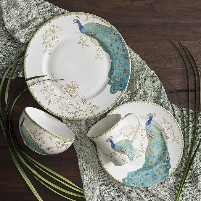 222 Fifth 16-Piece Porcelain Dinnerware Set for 4, Elegant Plates and Bowls Sets-White, Teal, Gold Ceramic Dishes, Chip Proof Kitchen and Dining Dish Set, Microwave & Dishwasher Safe, Peacock Garden