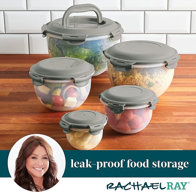 Rachael Ray Leak-Proof Nestable Container Food Storage Bin Set, 10-Piece, Clear with Gray Lids (Pack of 2)