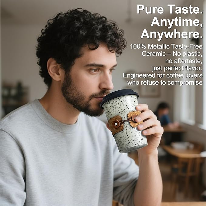 Ceramic Coffee Mug, Travel Coffee Tumbler, To Go Coffee Mug, Large Tea Cup with Lid, Latte Mugs, Camping Mugs, Microwave & Dishwasher Safe, Gifts for Coffee Lovers, 16.5 oz