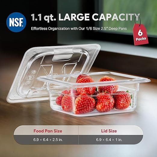 Wilprep 6 Pack Plastic Food Pans with Lids, 1/6 Size 2.5 in Deep Clear Food Storage Containers, 1.1 qt Stackable Polycarbonate Commercial Hotel Pans for Fruits Vegetables Beans Corns, NSF Listed