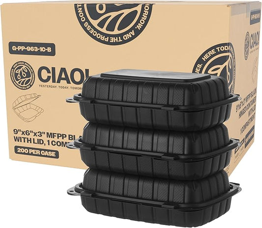 CIAO! 9"x6"x3" MFPP Black Hinged Container With Lid 1 Compartment (Case of 200)
