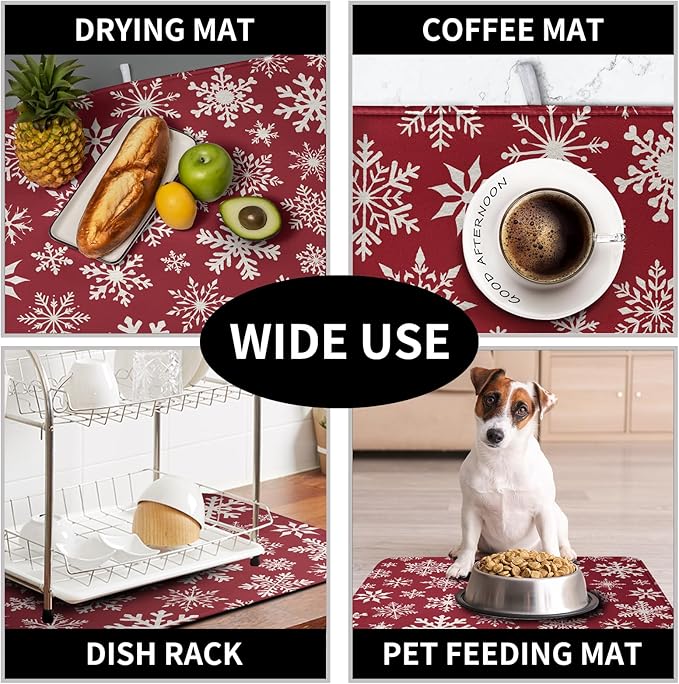 Christmas Snowflakes Dish Drying Mat for Kitchen Counter 16x18 Inch Red White Winter Xmas Pattern Dish Drying Pad for Dishes Microfiber Absorbent Dish Drainer Rack Mats for Countertop