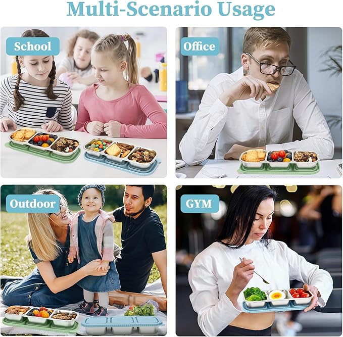 ﻿ 3 Compartment Stainless Steel Snack Containers with Silicone Lids, Reusable Food Storage Containers ，snackle box container for School ，Travel, Outdoor, Camping.